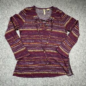 Chenault Blouse Top Purple Womens M Stretch Criss Cross Lace Up Knit Striped